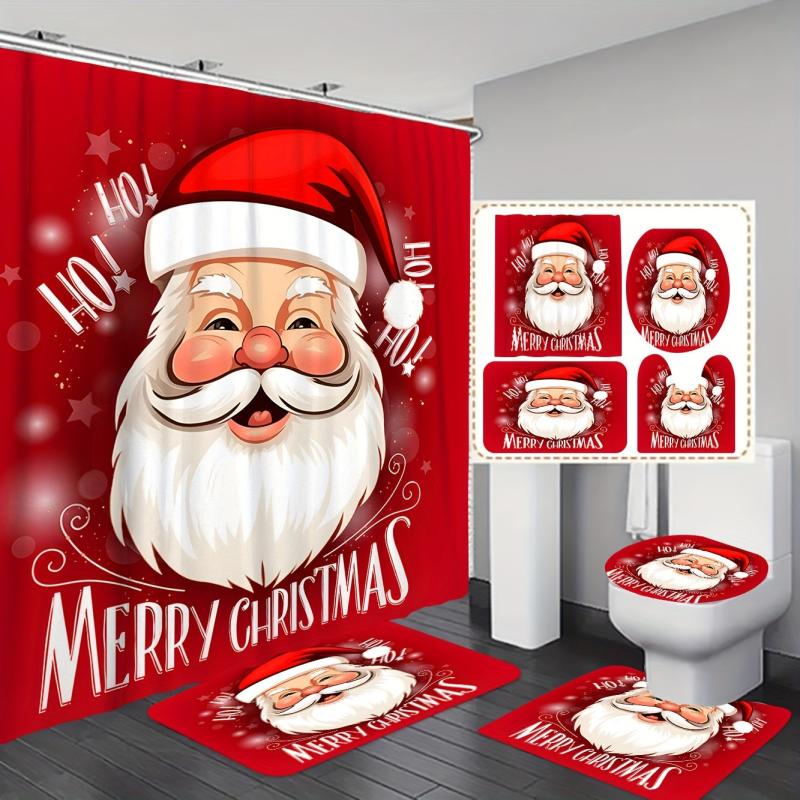 Santa Claus Bathroom Set Waterproof Curtain & 12 Hooks Bathroom Rug Toilet Mat