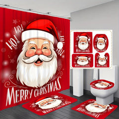 Santa Claus Bathroom Set Waterproof Curtain & 12 Hooks Bathroom Rug Toilet Mat