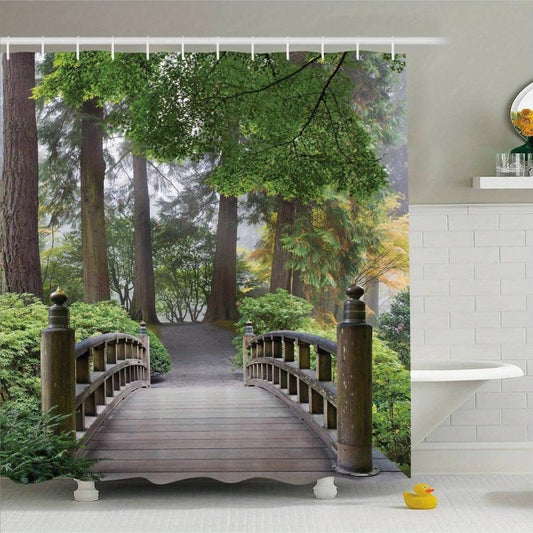 Wooden Bridge Shower Curtain Mountain View with 12 Hooks