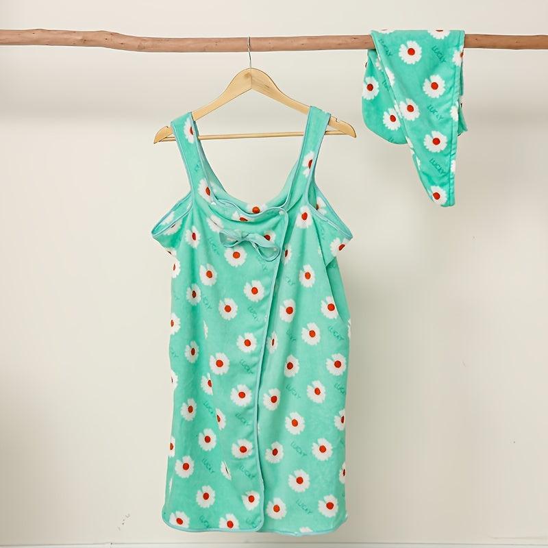 Flower Pattern Bathrobe & Hair Towel Set for Women