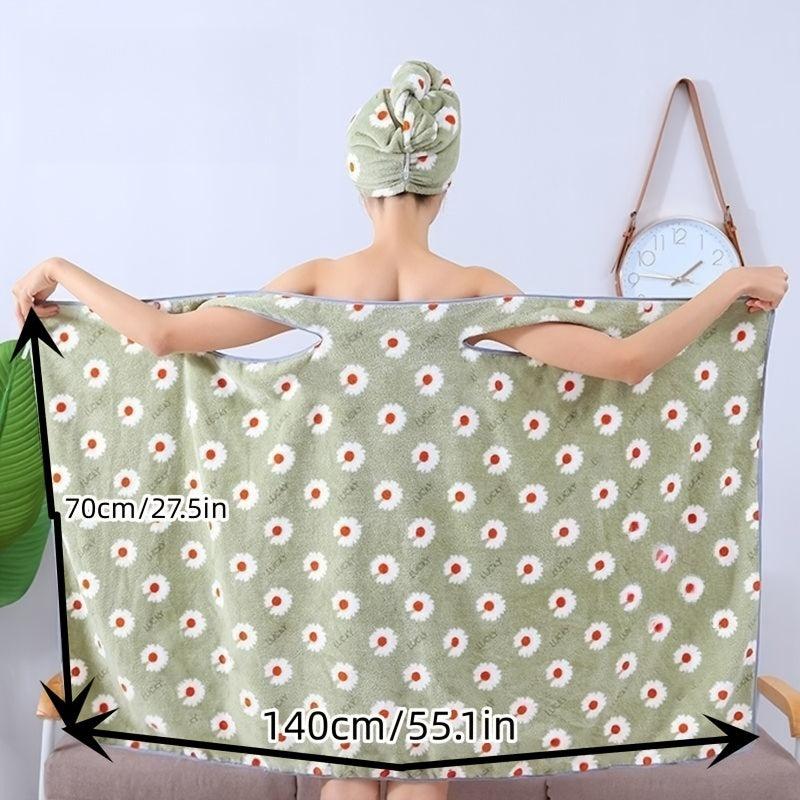 Flower Pattern Bathrobe & Hair Towel Set for Women