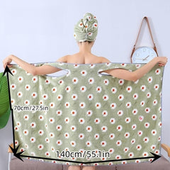 Flower Pattern Bathrobe & Hair Towel Set for Women