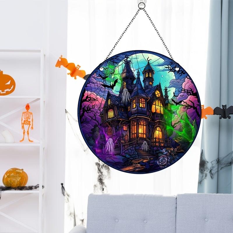Halloween Scary Castle Round Acrylic Stain Hanging Pendant