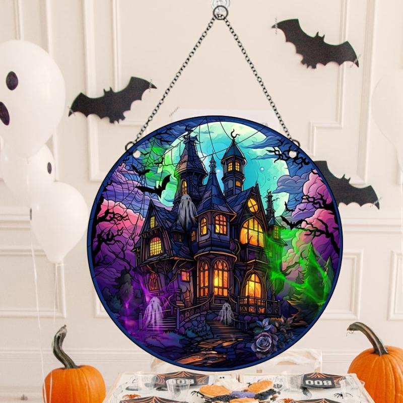 Halloween Scary Castle Round Acrylic Stain Hanging Pendant