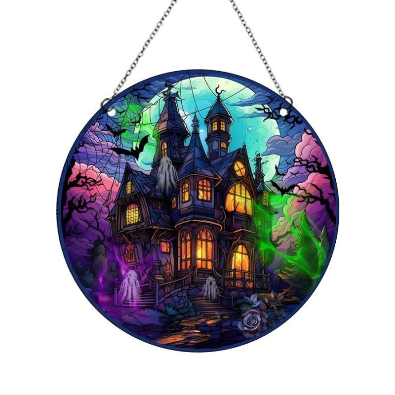 Halloween Scary Castle Round Acrylic Stain Hanging Pendant