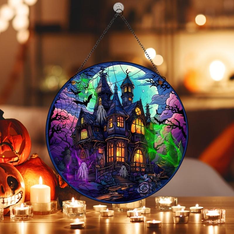 Halloween Scary Castle Round Acrylic Stain Hanging Pendant