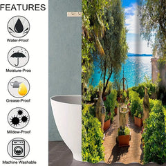 Seaside Garden Shower Curtain 3D Landscape with 12 Hooks