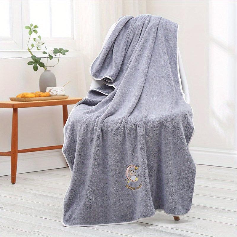 Moon Rabbit Embroidered Large Bath Towel - Soft & Absorbent Oversized