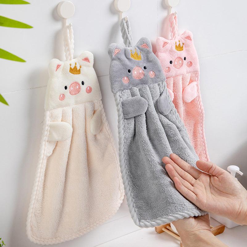 Soft Pig Embroidery Hanging Towel for Kids Plush Fingertip Towel