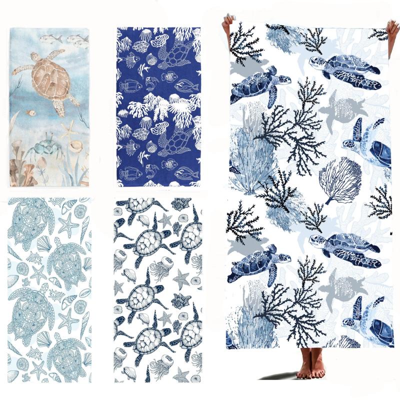 Sea Turtle Beach Towel Coral Starfish Crab Print Quick Dry