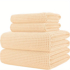 4pcs Solid Waffle Towels Set Soft Absorbent Bathroom Towels Cotton Towels