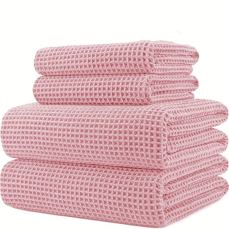 4pcs Solid Waffle Towels Set Soft Absorbent Bathroom Towels Cotton Towels