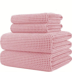 4pcs Solid Waffle Towels Set Soft Absorbent Bathroom Towels Cotton Towels