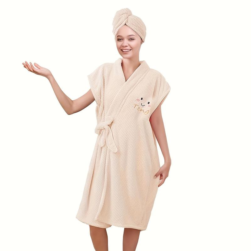 2pcs Bath Skirt & Hair Caps for Women Soft & Absorbent Towel Bathrobe