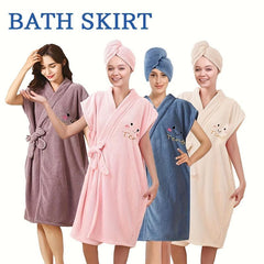 2pcs Bath Skirt & Hair Caps for Women Soft & Absorbent Towel Bathrobe