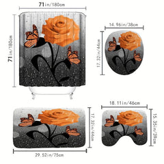 Orange Rose Shower Curtain Set Butterfly 4 Piece