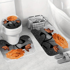 Orange Rose Shower Curtain Set Butterfly 4 Piece