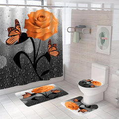 Orange Rose Shower Curtain Set Butterfly 4 Piece