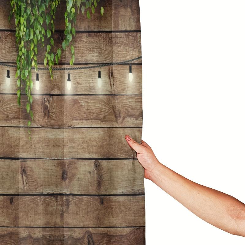 Rustic Wooden Board Shower Curtain with Green Leaves