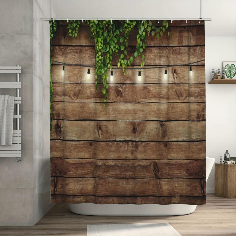 Rustic Wooden Board Shower Curtain with Green Leaves