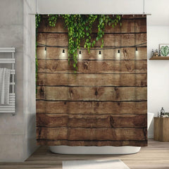 Rustic Wooden Board Shower Curtain with Green Leaves