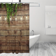 Rustic Wooden Board Shower Curtain with Green Leaves