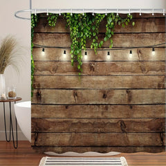 Rustic Wooden Board Shower Curtain with Green Leaves