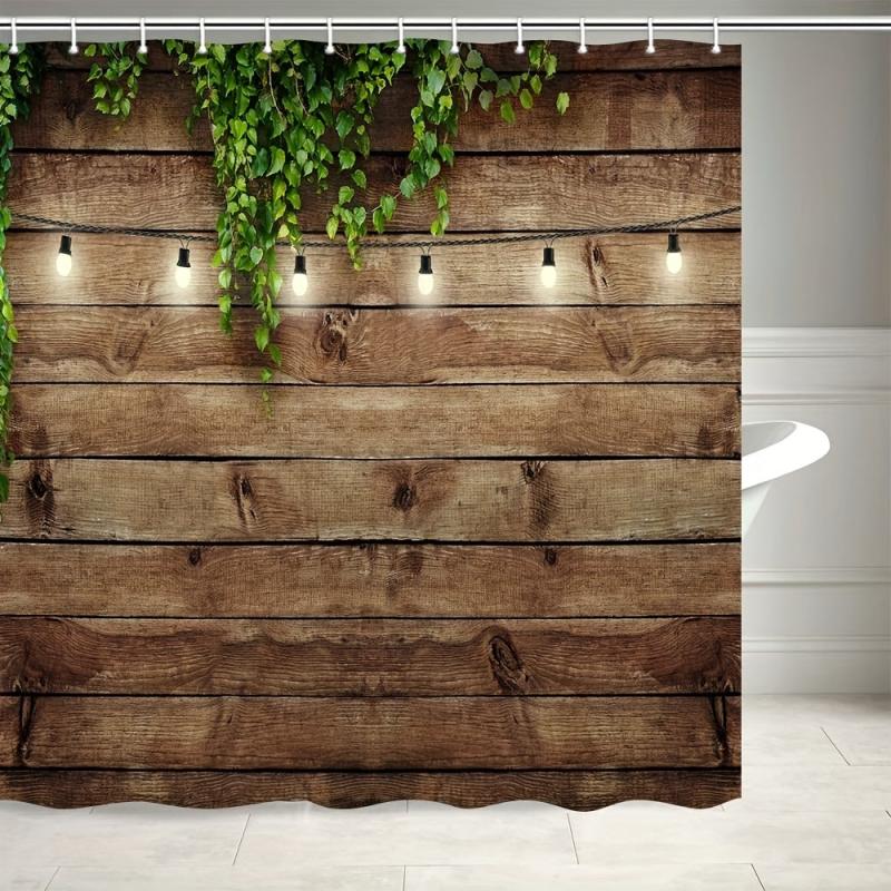 Rustic Wooden Board Shower Curtain with Green Leaves