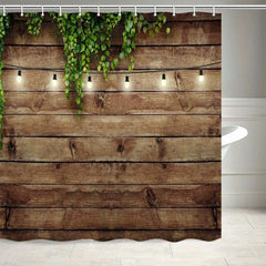 Rustic Wooden Board Shower Curtain with Green Leaves