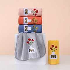 Rose Flower Embroidered Hand Towel Coral Fleece Soft Face Quick Dry Absorbent