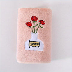 Rose Flower Embroidered Hand Towel Coral Fleece Soft Face Quick Dry Absorbent