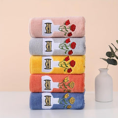 Rose Flower Embroidered Hand Towel Coral Fleece Soft Face Quick Dry Absorbent