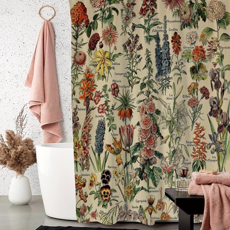 Waterproof Vintage Flower Print Shower Curtain with 12 Hooks