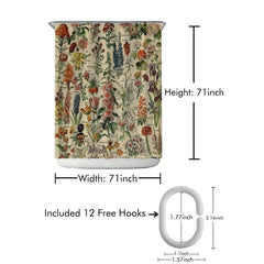 Waterproof Vintage Flower Print Shower Curtain with 12 Hooks