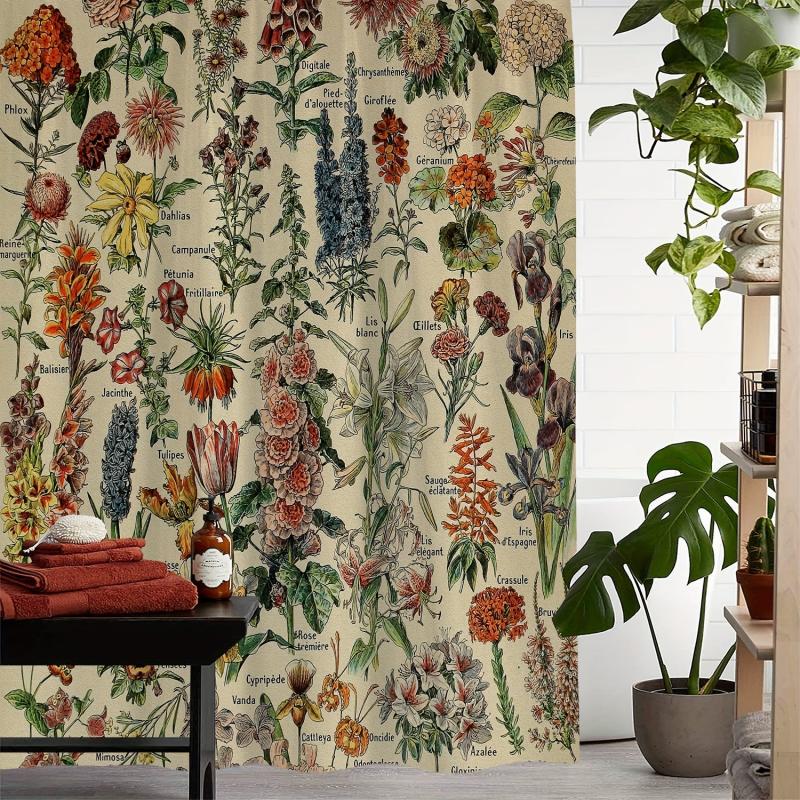 Waterproof Vintage Flower Print Shower Curtain with 12 Hooks