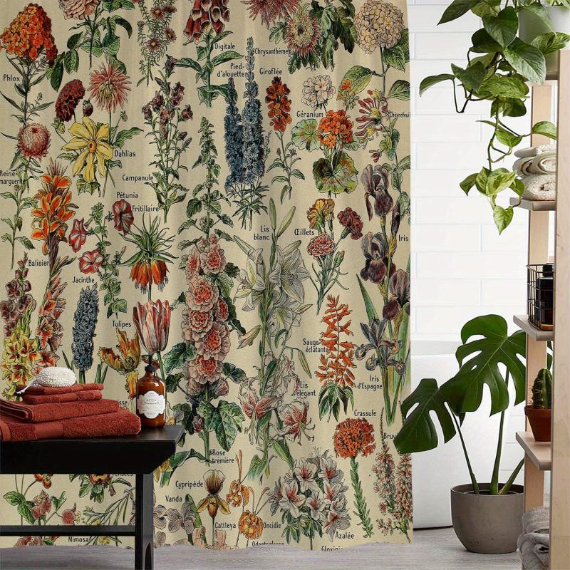 Waterproof Vintage Flower Print Shower Curtain with 12 Hooks