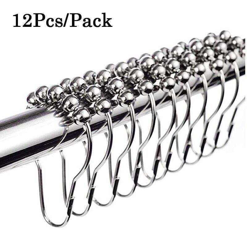 12pcs Rustproof Shower Curtain Rings Hooks 5 Roller Ball Curtain Accessories