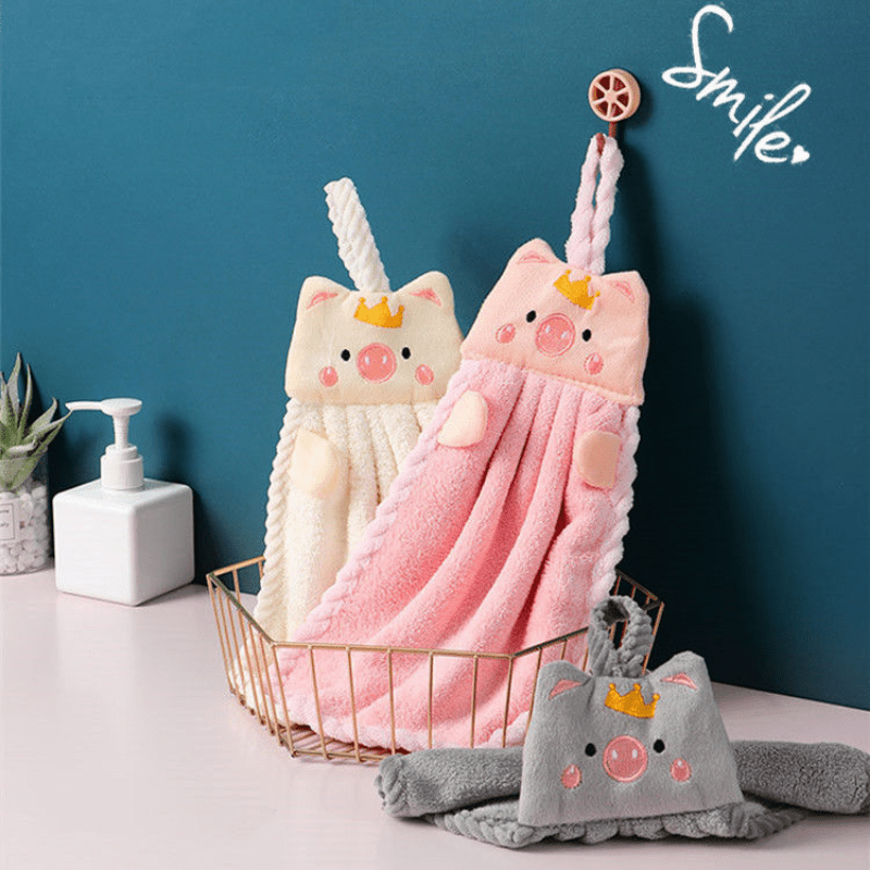 Coral Fleece Pig Pattern Hanging Towel Soft and Absorbent
