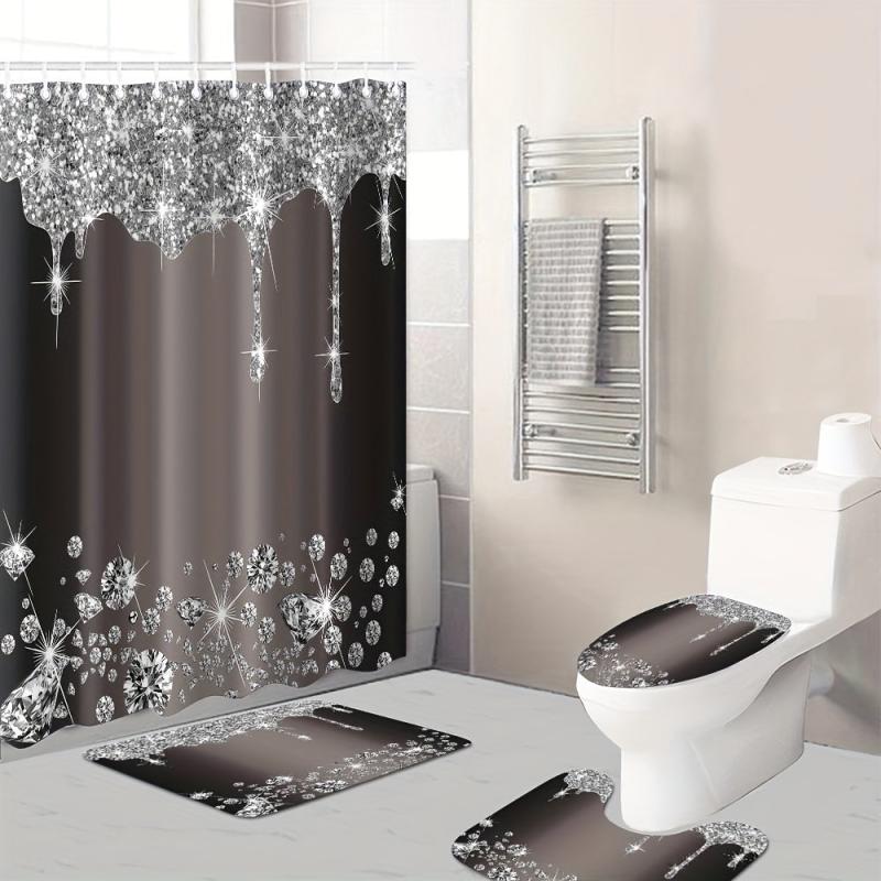 Glitter Shower Curtain & Non-Slip Bathroom Rug Set