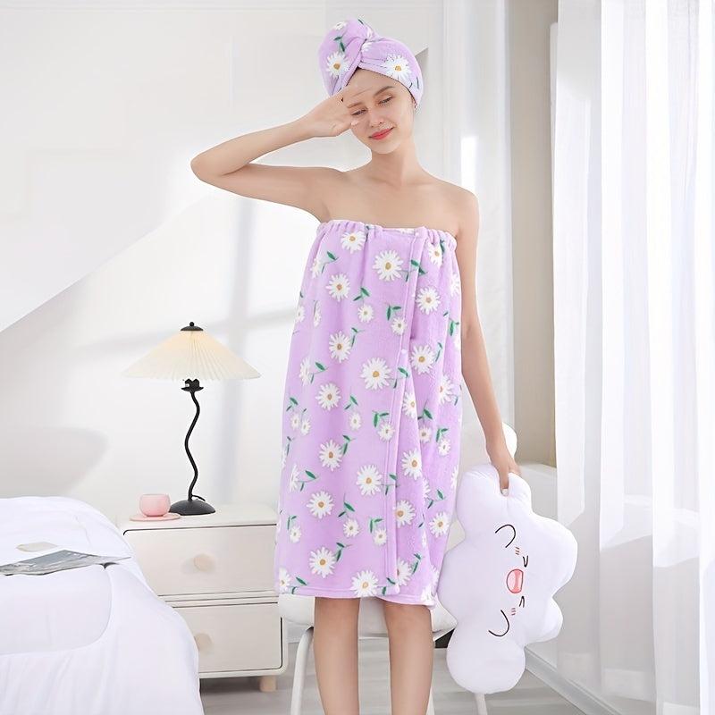 2pcs Coral Velvet Bath Wrap Towel & Hair Cap