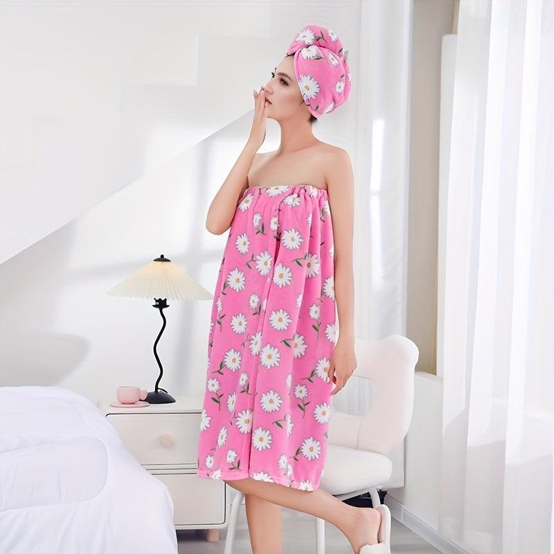 2pcs Coral Velvet Bath Wrap Towel & Hair Cap