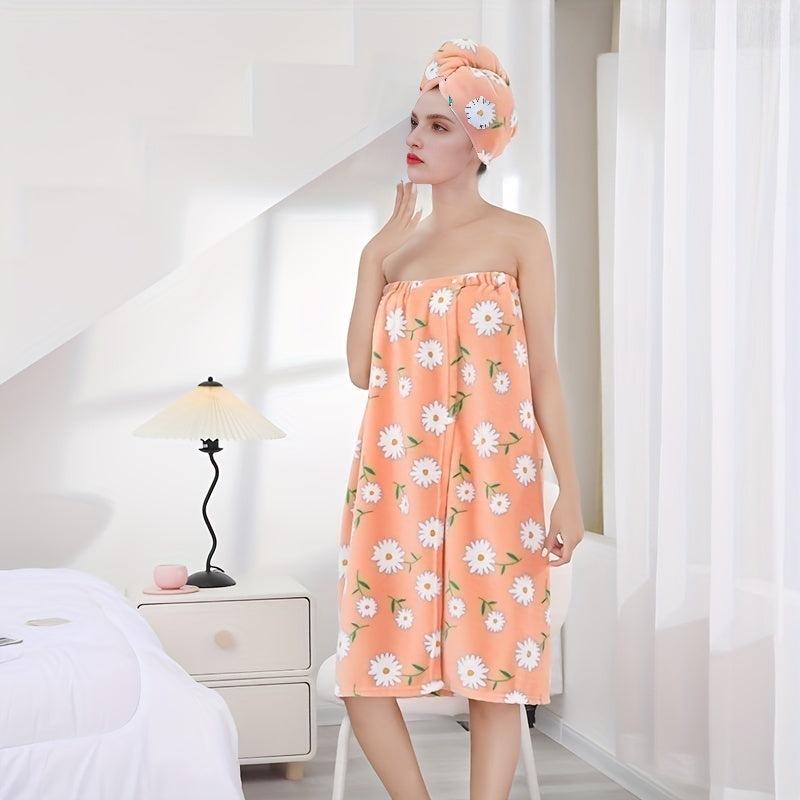 2pcs Coral Velvet Bath Wrap Towel & Hair Cap