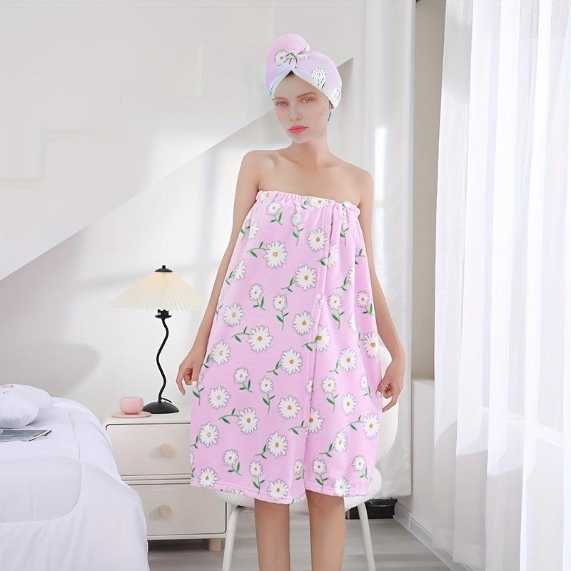 2pcs Coral Velvet Bath Wrap Towel & Hair Cap