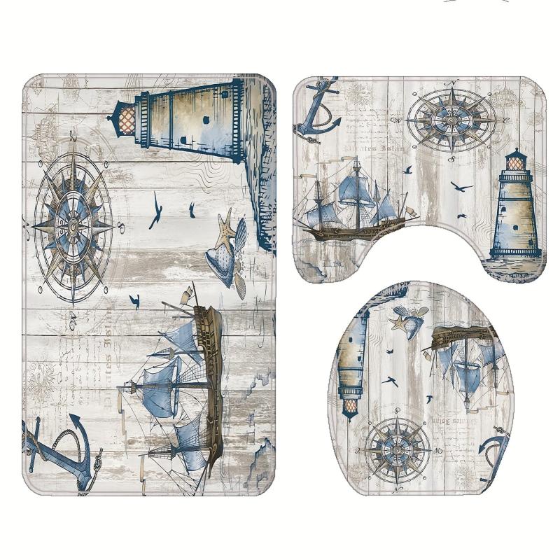 3pcs Waterproof Shower Curtain with Non Slip Bathroom Rug Complete Set