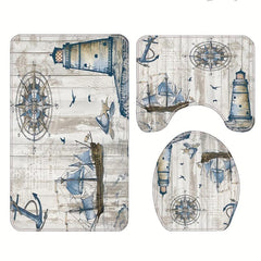 3pcs Waterproof Shower Curtain with Non Slip Bathroom Rug Complete Set