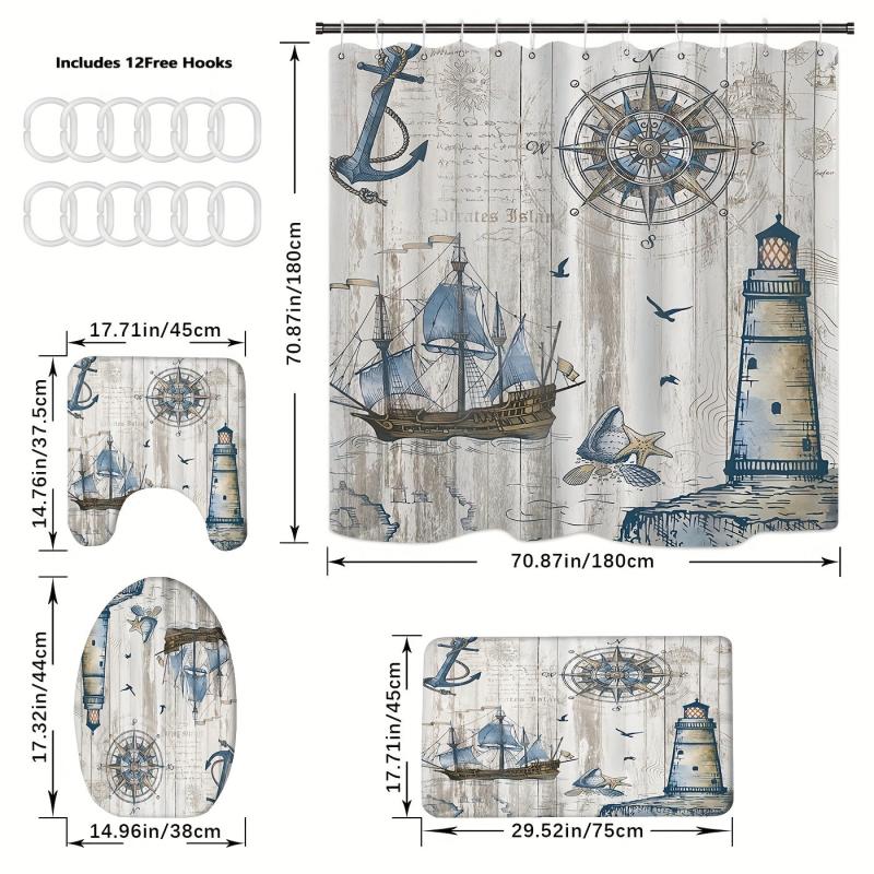 3pcs Waterproof Shower Curtain with Non Slip Bathroom Rug Complete Set