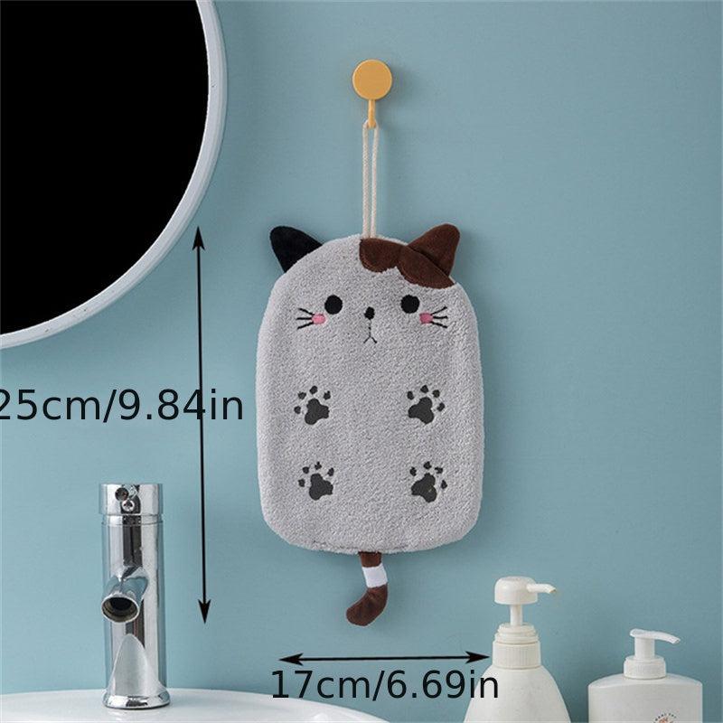 Cat Shaped Hanging Hand Towel Coral Fleece Quick Drying Absorbent Soft Towel