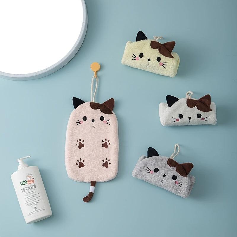 Cat Shaped Hanging Hand Towel Coral Fleece Quick Drying Absorbent Soft Towel