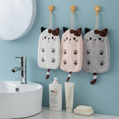 Cat Shaped Hanging Hand Towel Coral Fleece Quick Drying Absorbent Soft Towel