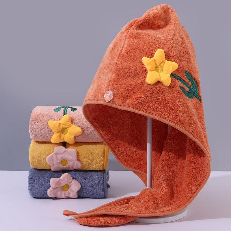 Flower Embroidered Hair Towel Coral Velvet Hair Drying Cap